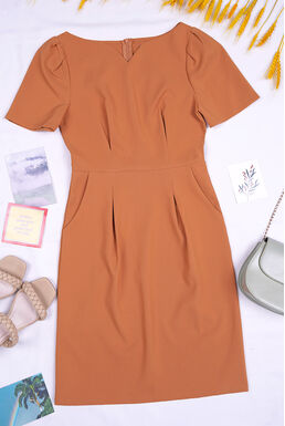V Neck Puff Sleeve Pleated Pencil Dress (Orange Brown)